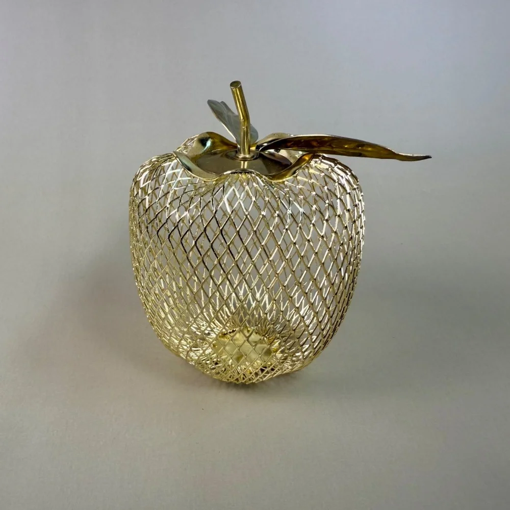 Vintage Gold Mesh Apple Figurine | Brass Look | 3.5" Decorative Accent - Picture 5 of 10